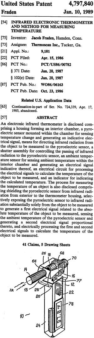 The physical drawing from Jacob Fraden's IR Thermometer patent